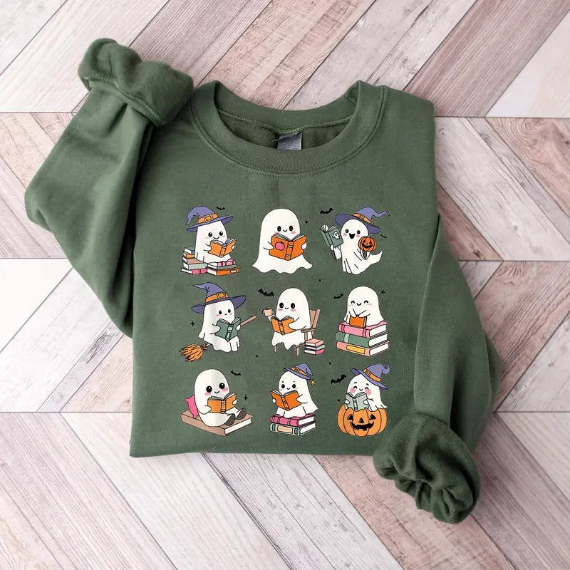 Ghost Reading Books Sweatshirt, Bookish Halloween Sweatshirt, Teacher Halloween Librarian Read More Book Shirt, Ghost...