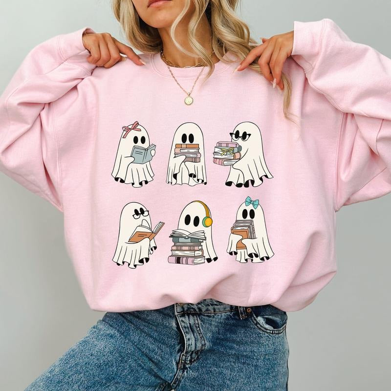 Ghost Reading Books Sweatshirt, Cute Bookish Halloween Sweatshirt For Girls, Reading Boos Teacher Crewneck, Cute...