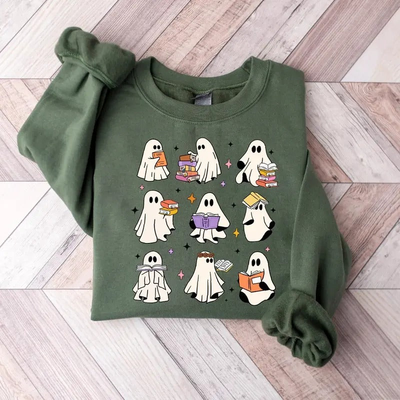 Ghost Reading Books Sweatshirt, Teacher Halloween Sweatshirt, Read More Books Sweatshirt Cotton Sweaters T-Shirts, Hoodie