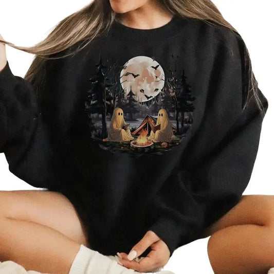 Ghost Reading Camping Sweatshirt, Gothic Halloween Ghost Sweater, Ghost Reading Book T-Shirt, Halloween Ghost Tee Shirt,...