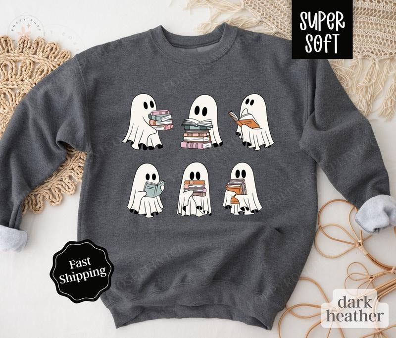 Ghost Reading Sweatshirt, Teacher Halloween Crewneck, Book Lover Halloween Sweater cute ghost T-Shirts, Hoodie