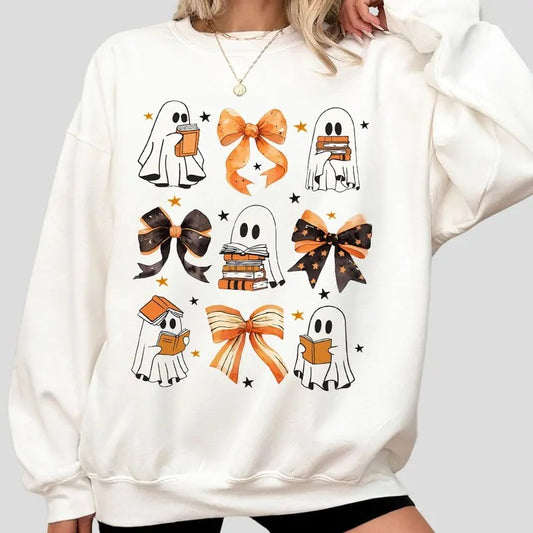 Ghost Reading Sweatshirts, Coquette Bow Fall Sweatshirts, Shirt For Women, Cute Ghost Halloween Shirts, Gift For Book...