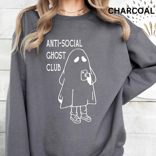 Ghost Sweatshirt, Oversized Halloween Crewneck Sweatshirt, Antisocial Ghost Club Crewneck, Retro Sweatshirt Graphic...