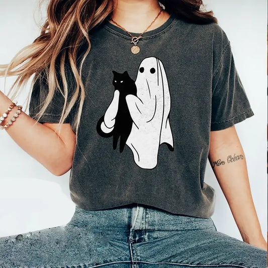 Ghost holding Black Cat Halloween T-shirt halloween gift for Cats Owner funny Halloween Shirt Hoodie, Sweatshirt