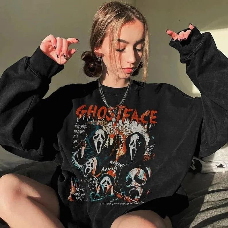 Ghostface Horror Sweatshirt, Scream Movie Scary Quotes Crewneck, Do You Like Scary Movies Hoodie, Ghostface 90s Halloween...