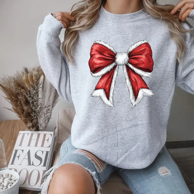 Gildan Christmas Santa Bow Crewneck Sweatshirt Comfortable Fit Loose Womenswear Cute Casual Long Sleeve Tops Soft...