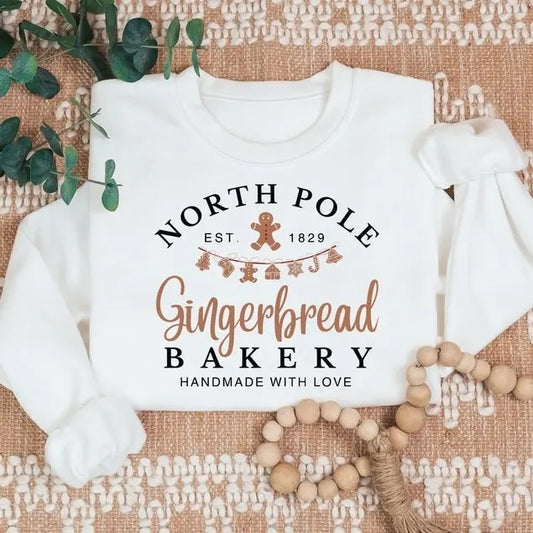 Gingerbread Bakery Christmas Sweatshirt, North Pole Sweater, Women Xmas Gift, Trendy Christmas Sweatshirts, Merry...