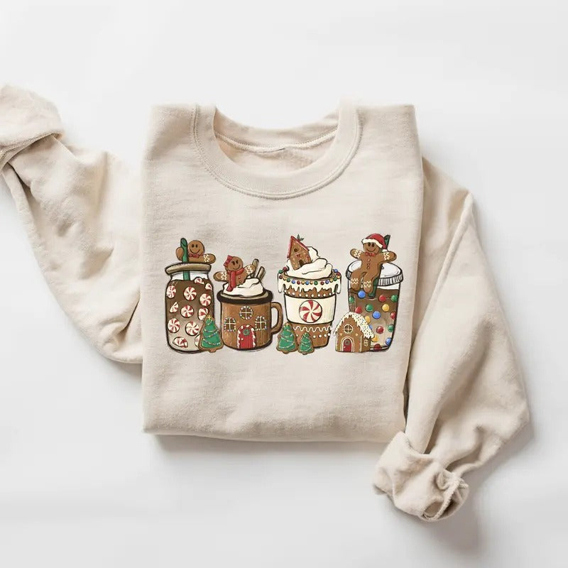 Gingerbread Christmas Coffee Latte Sweatshirt, Coffee Lover Gift, Holiday Sweater, Womens Holiday Sweatshirt, Christmas...