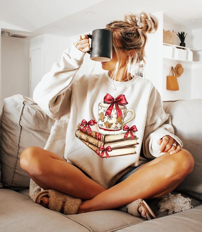 Gingerbread Christmas Shirt, Coquette Bow Christmas Sweatshirt, Coquette Bookish Christmas Tee Shirt, Book Xmas Sweater,...