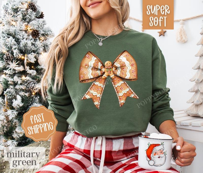 Gingerbread Man Bow Sweatshirt, Merry Christmas Sweater, Women's Holiday Crewneck T-Shirts, Hoodie | WearSparks.com
