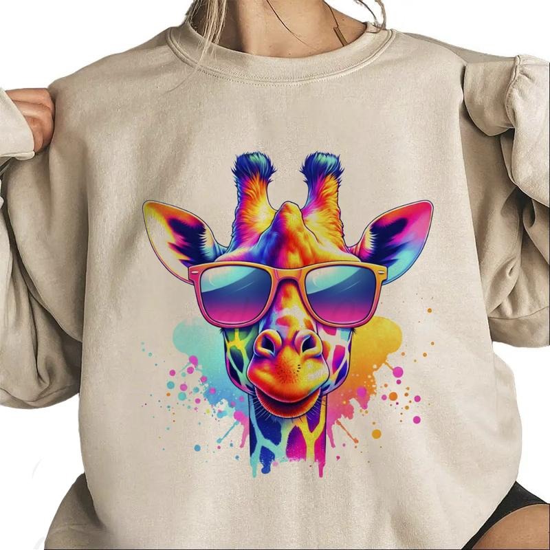 Giraffe With Sunglasses Sweatshirt Unisex Neon Wild Animal Trendy T-Shirt Hooodie Cotton Womenswear Hoodie | WearSparks.com