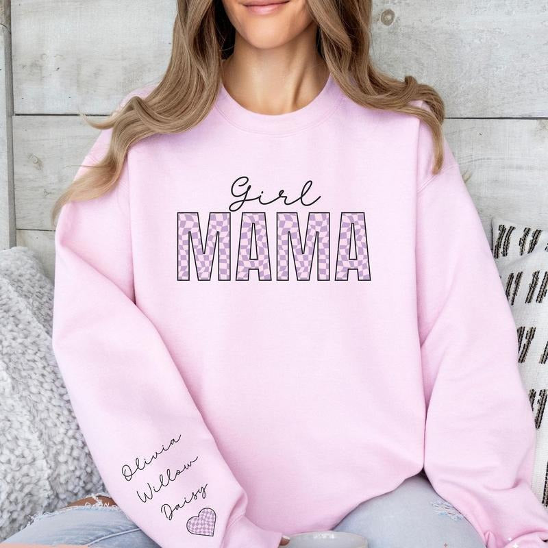 Girl Mama Sweatshirt, Checkered Mama Sweater, Personalized Girl Mom Sweatshirt, Retro Momma Sweater, Girl Mom Hoodie,...