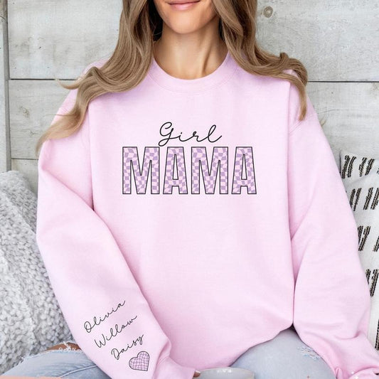 Girl Mama Sweatshirt, Checkered Mama Sweater, Personalized Girl Mom Sweatshirt, Retro Momma Sweater, Girl Mom Hoodie,...