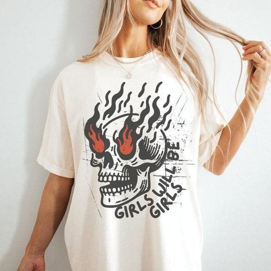 Girls Will Be Girls Shirt, Skull Vintage Graphic Tee, Feminist Shirt, Feminism Boho Hippe Tee Hoodie, Sweatshirt