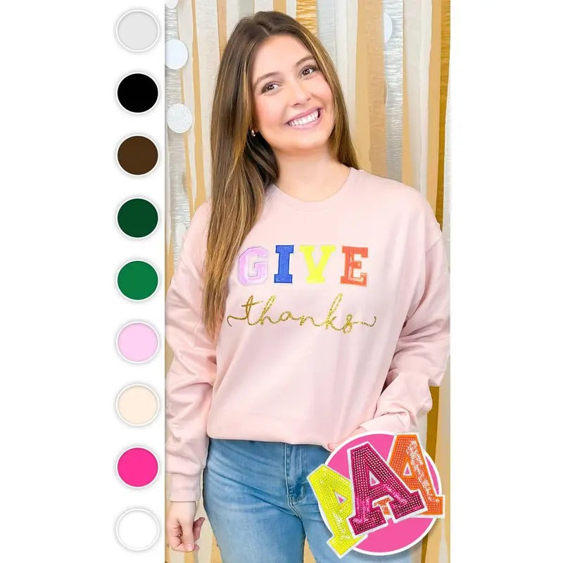 Give Thanks Sequin Graphic Sweatshirt T-Shirts, Hoodie | WearSparks.com