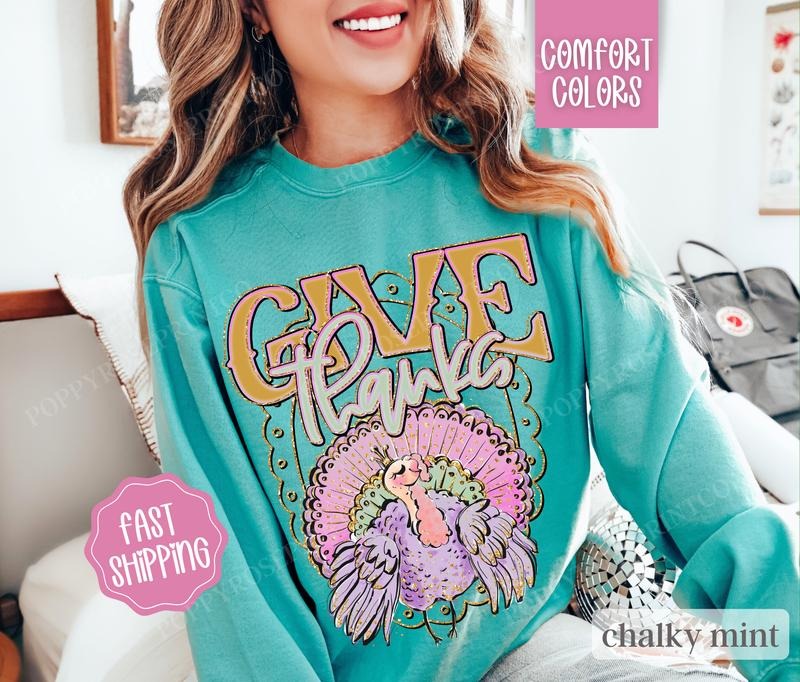Give Thanks Sweatshirt Comfort Colors,  Thanksgiving Sweater Womenswear,  Holiday Crewneck T-Shirts, Hoodie | WearSparks.com