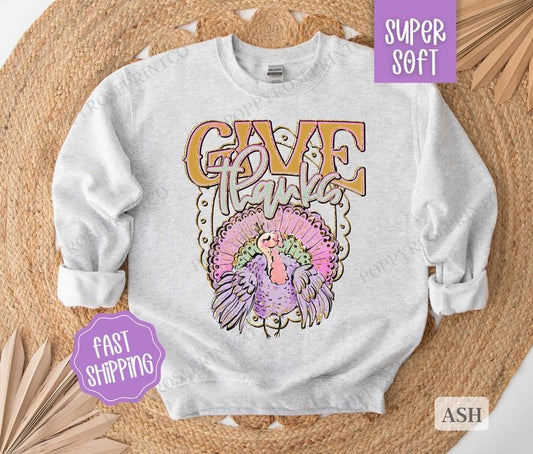 Give Thanks Sweatshirt, Thanksgiving Sweater,  Women's Fall Thankful Crewneck T-Shirts, Hoodie | WearSparks.com