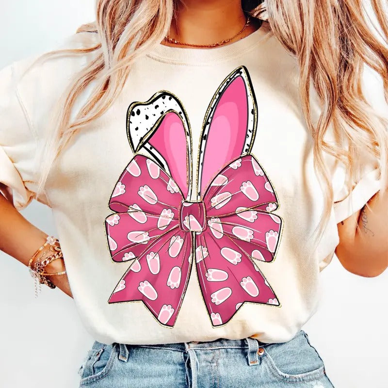 Glitter Easter Bunny Coquette T-Shirt, Easter Day T-Shirt, Girls Easter T-Shirt, Bunny Ears, Jesus Easter T-Shirt,...