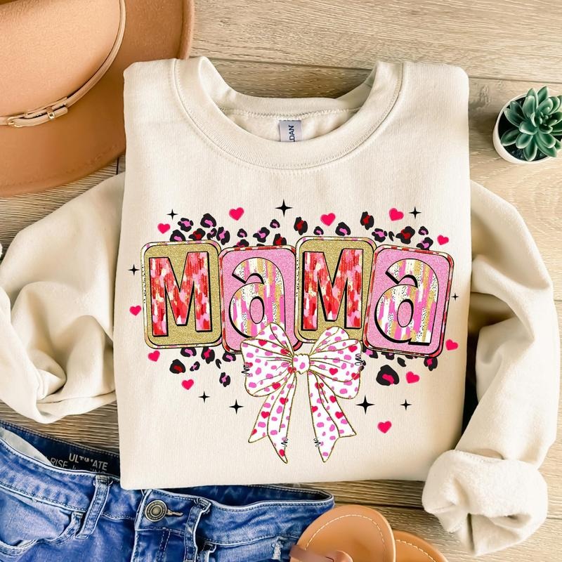 Glitter Mama Valentine Sweatshirt, Loved Mama Sweatshirt, Valentines Day Heart Coquette Bow Sweatshirt, Pink, Brushstroke...