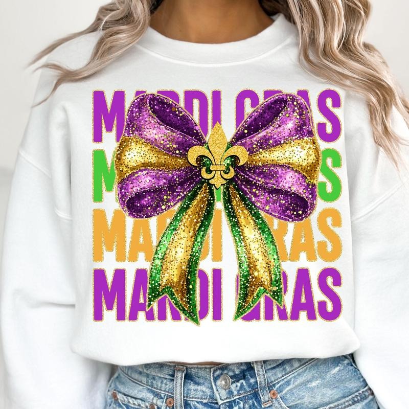 Glitter Mardi Gras Coquette Bow Sweatshirt, Mardi Beads Louisiana Festival Shirt, New Orleans Carnival Bow Shirt Hoodie