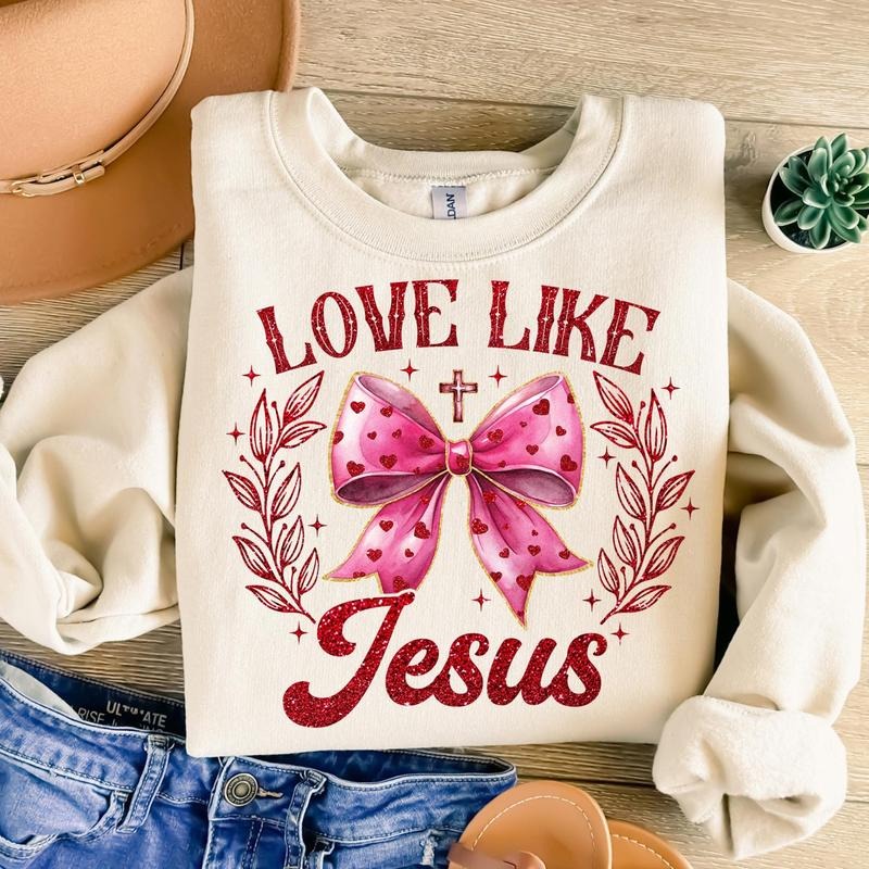 Glitter Valentine Coquette Sweatshirt, Love Like Jesus Sweatshirt, Christian Valentine Sweatshirt, Pink Coquette Cross...