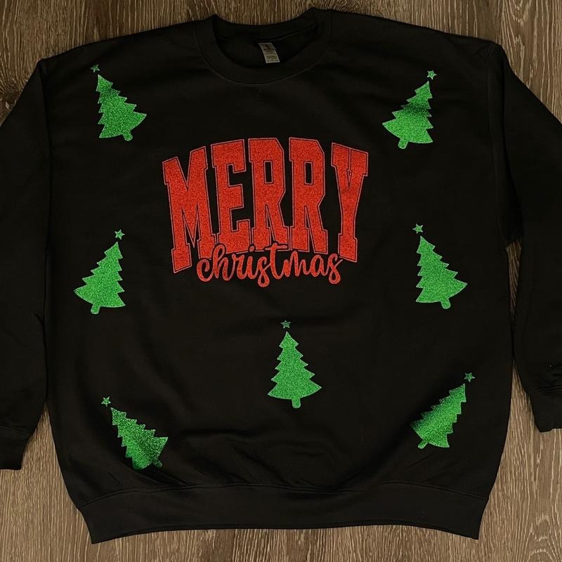 Glittery Merry Christmas with Trees Fleece Crewneck T-Shirts, Hoodie, Sweatshirt | WearSparks.com