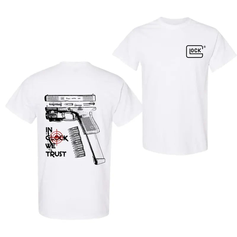 Glock Tshirt IN GLOCK WE TRUST Tshirt  Double Side T-Shirt Hot Trend for men for women Fabric Menswear Hoodie, Sweatshirt
