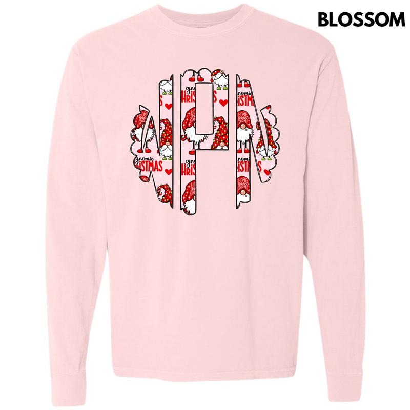 Gnome Christmas Monogram Long Sleeve Comfort Colors T-Shirt 'NLB' Hoodie, Sweatshirt | WearSparks.com