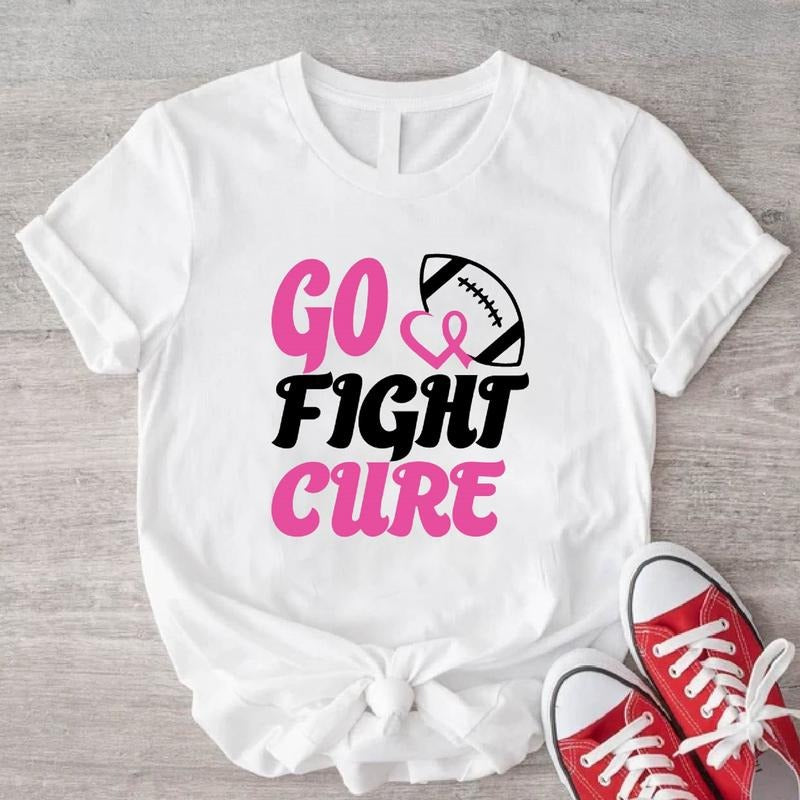 Go Fight Cure T-Shirt, Breast Cancer Awareness Shirt, Pink Ribbon Warrior Gift Tee, Football Lover Shirt For Woman...