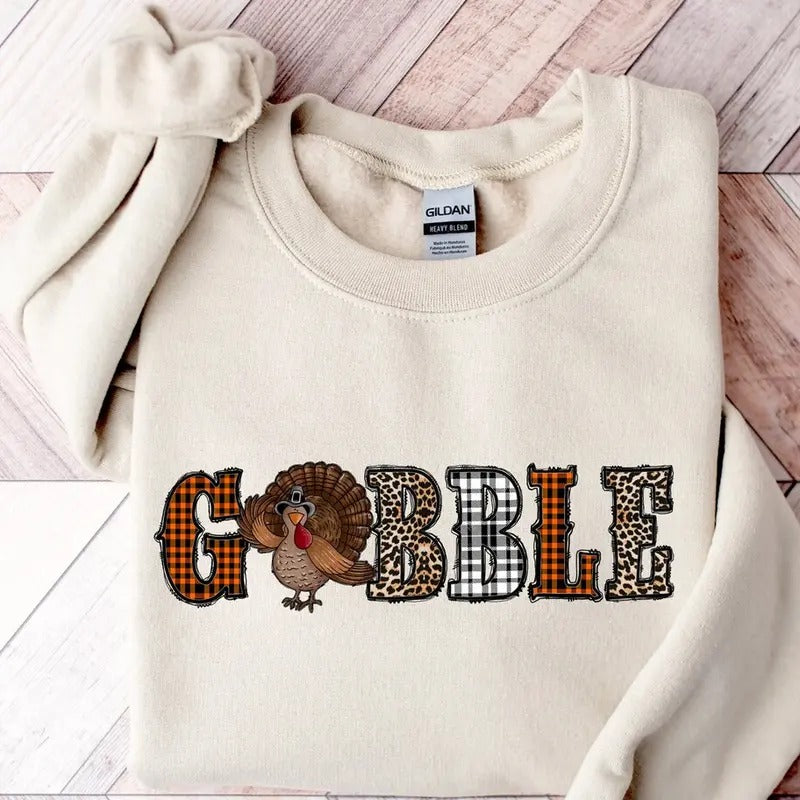 Gobble Sweatshirt - Beige Crewneck with Turkey Design, Long Sleeve, Casual Style, Trendy Turkey Sweatshirt for...
