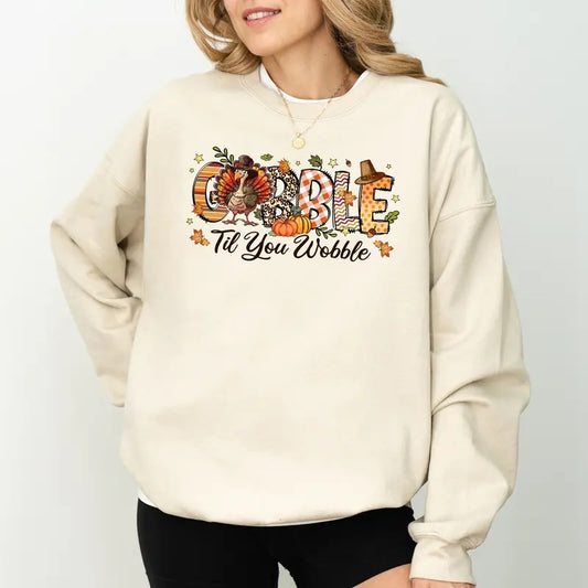 Gobble Til You Wobble Sweatshirt, Thanksgiving Crewneck, Turkey Sweater, Funny Turkey Sweatshirt, Vintage Thanksgiving...