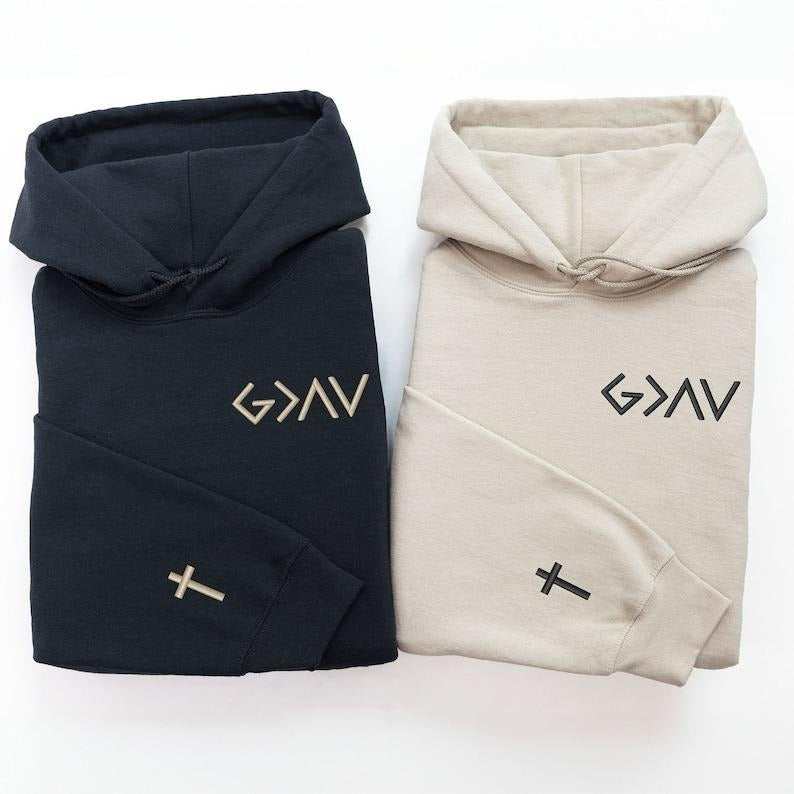 God Is Greater Than The Highs And Lows Embroidered Hoodie, Cross on Sleeve, Couples Gift, Anniversary Gift, Gift For Him,...