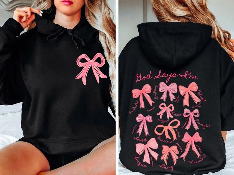 God Says I Am Coquette Bow Hoodie, Coquette Christian Shirt, Jesus Sweatshirt, Christian Shirt, Christian Bible Verse...