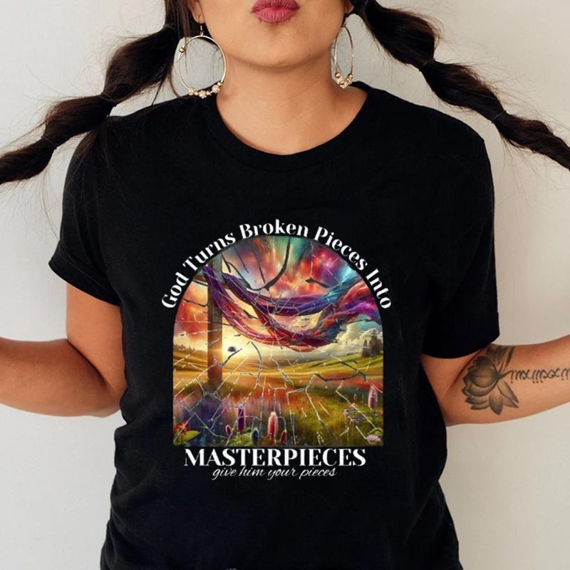 God Turns Broken Pieces Into MAsterpieces Christian Shirt Cotton Casual Street Style Crew Neck Short Sleeve T-Shirt...