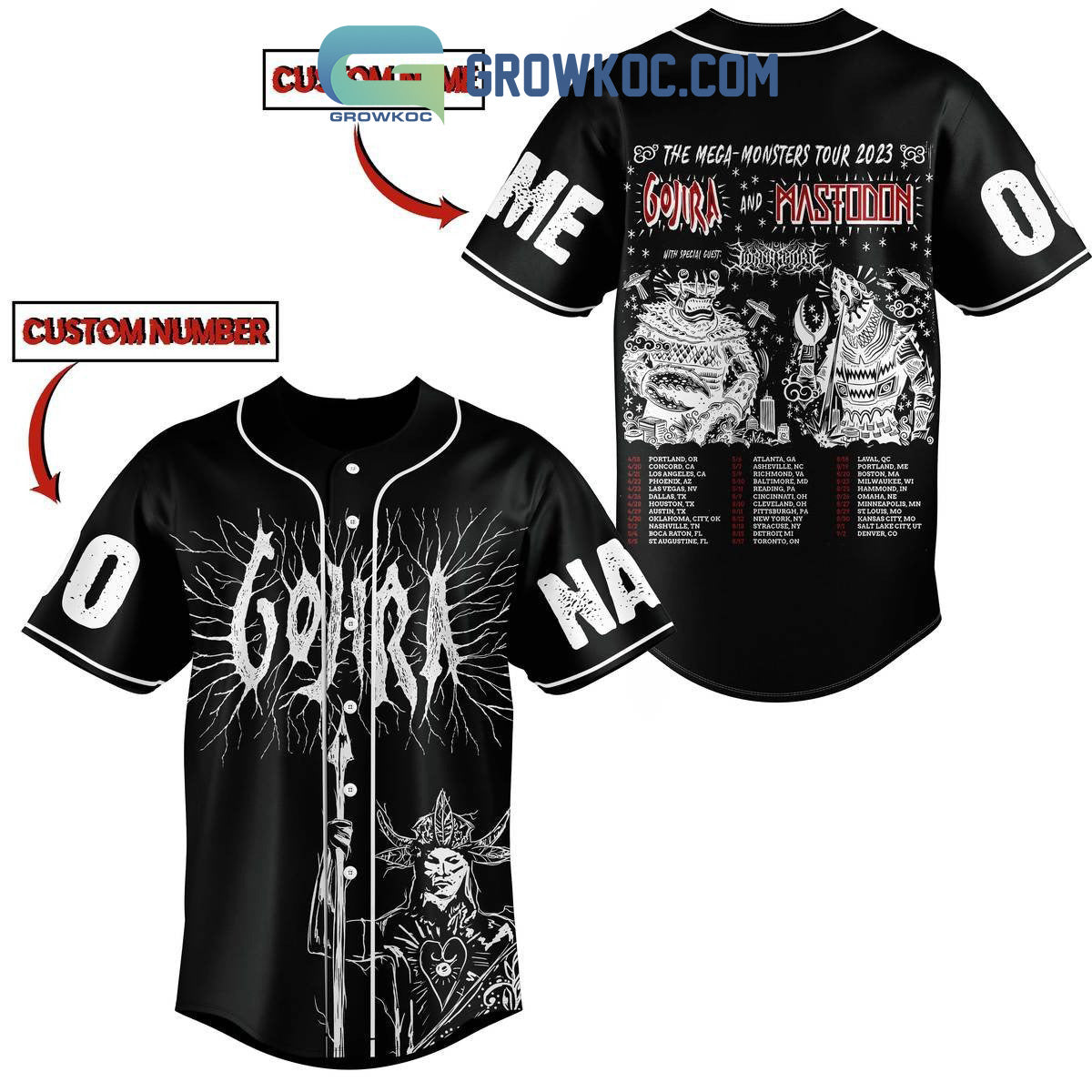 Gojira And Mastodon The Mega Monsters Tour 2023 Personalized Black Design Baseball Jersey