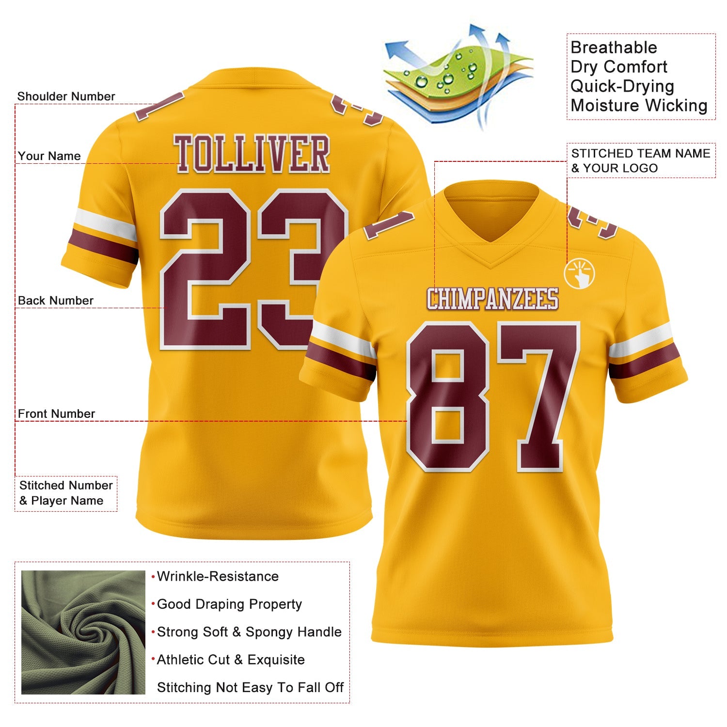 Custom Gold Burgundy-White Authentic Football Jersey T-Shirts, Hoodie, Sweatshirt | WearSparks.com (Image 3)