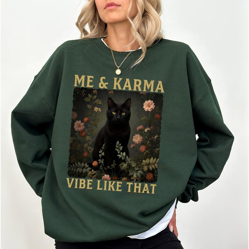 Gothic Floral Black Cat Sweatshirt, Vintage Cat Lover Crewneck,  Gothic Vibe Sweater, Cat Mom Long Sleeved Pullover...