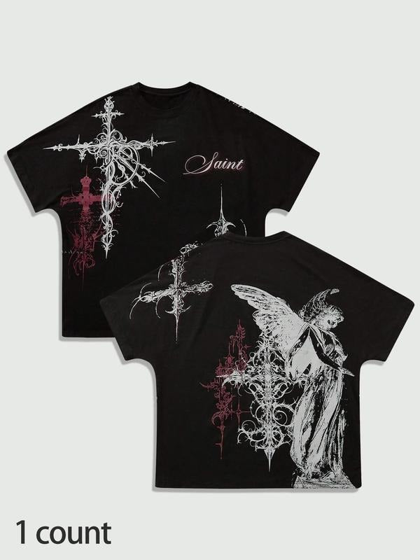 Gothic Oversized Cross Print T-Shirt, Rebellious Summer Casual Fit Shirt for Men, Unique Street Style Perfect for All...
