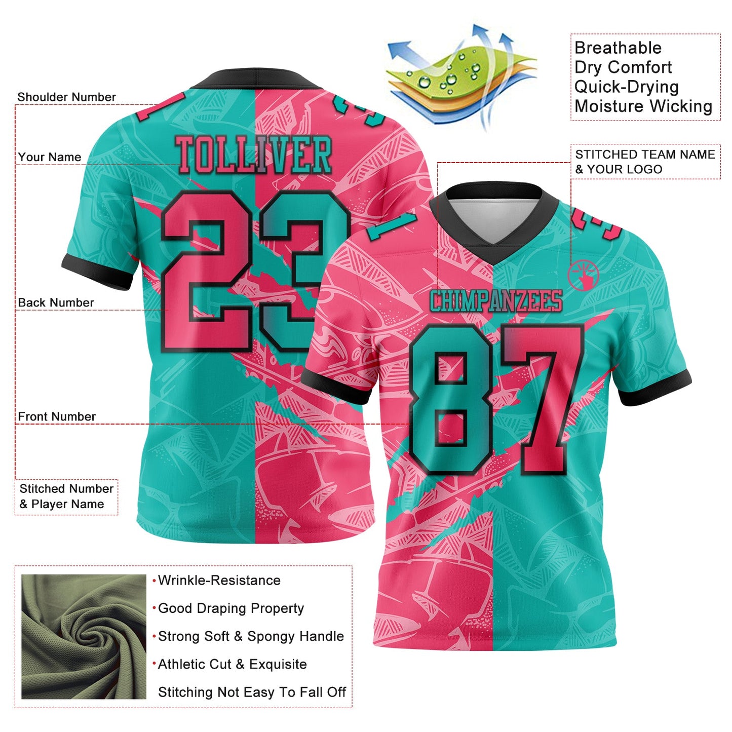 Custom Aqua Neon Pink-Black Authentic Gradient Fashion Scratch Football Jersey T-Shirts, Hoodie, Sweatshirt (Image 3)