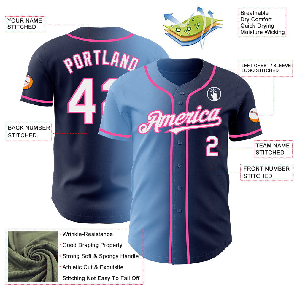 Custom Navy White Light Blue-Pink Authentic Gradient Fashion Baseball Jersey