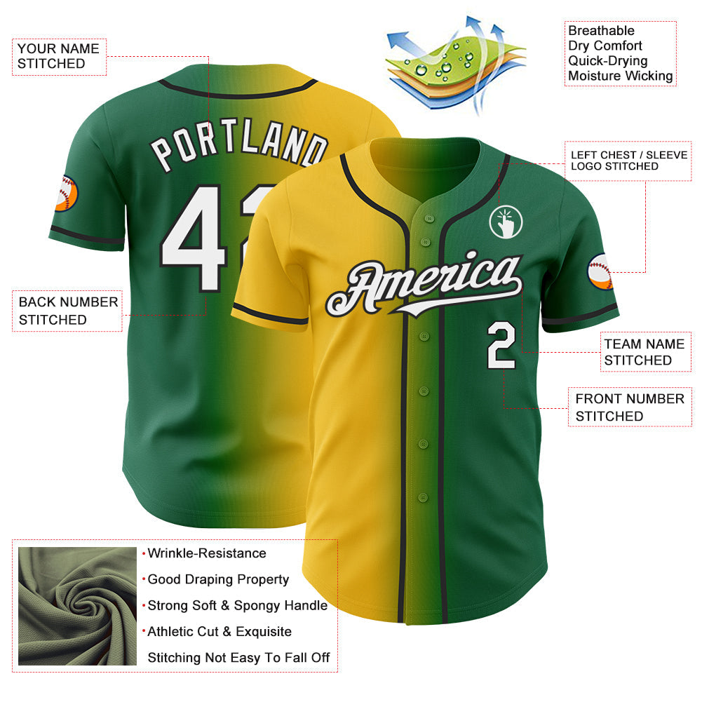 Custom Kelly Green White Yellow-Black Authentic Gradient Fashion Baseball Jersey