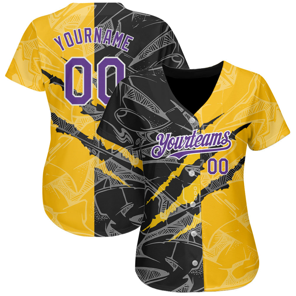 Custom Graffiti Pattern Purple Yellow-Black 3D Scratch Authentic Baseball Jersey T-Shirts, Hoodie, Sweatshirt (Image 2)