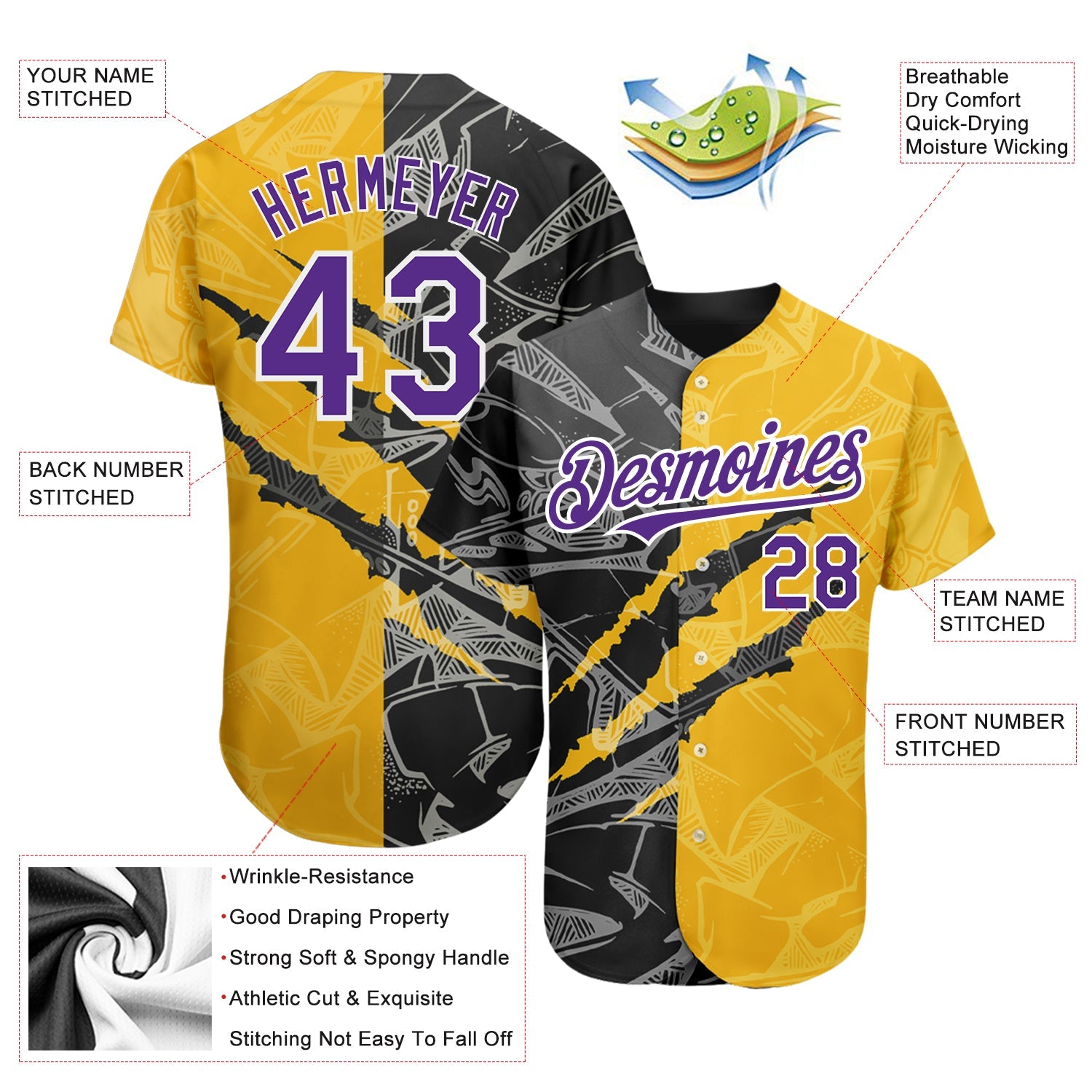 Custom Graffiti Pattern Purple Yellow-Black 3D Scratch Authentic Baseball Jersey T-Shirts, Hoodie, Sweatshirt (Image 3)