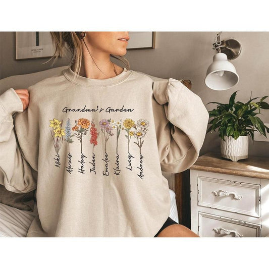 Grandma's Garden Sweatshirt, Custom Birthflower Sweatshirt, Gift for Grandma, Love Grows Here, Mom's Garden T-Shirts, Hoodie