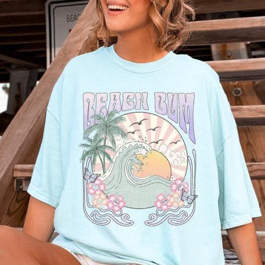 Graphic Beach Bum Retro Palm T-shirt, Casual Oversized Cotton Shirt for the Beach Comfort Fabric Top Womenswear Unisex...