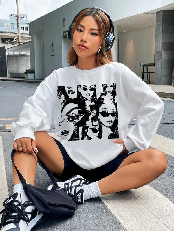 Graphic Figure Print Sweatshirt Long Sleeve Drop Shoulder Oversized Pullover Top T-Shirts, Hoodie | WearSparks.com