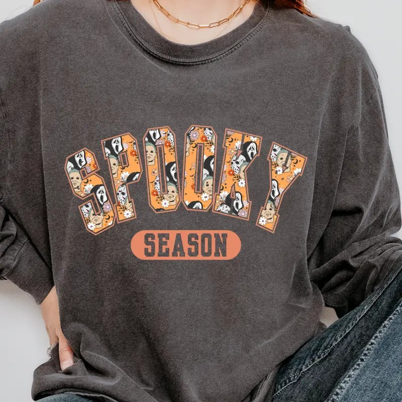 Graphic Halloween Shirt, Spooky Varsity Shirt, Spooky Season Graphic shirt, Halloween Unisex Cotton T-shirt, Oversized...