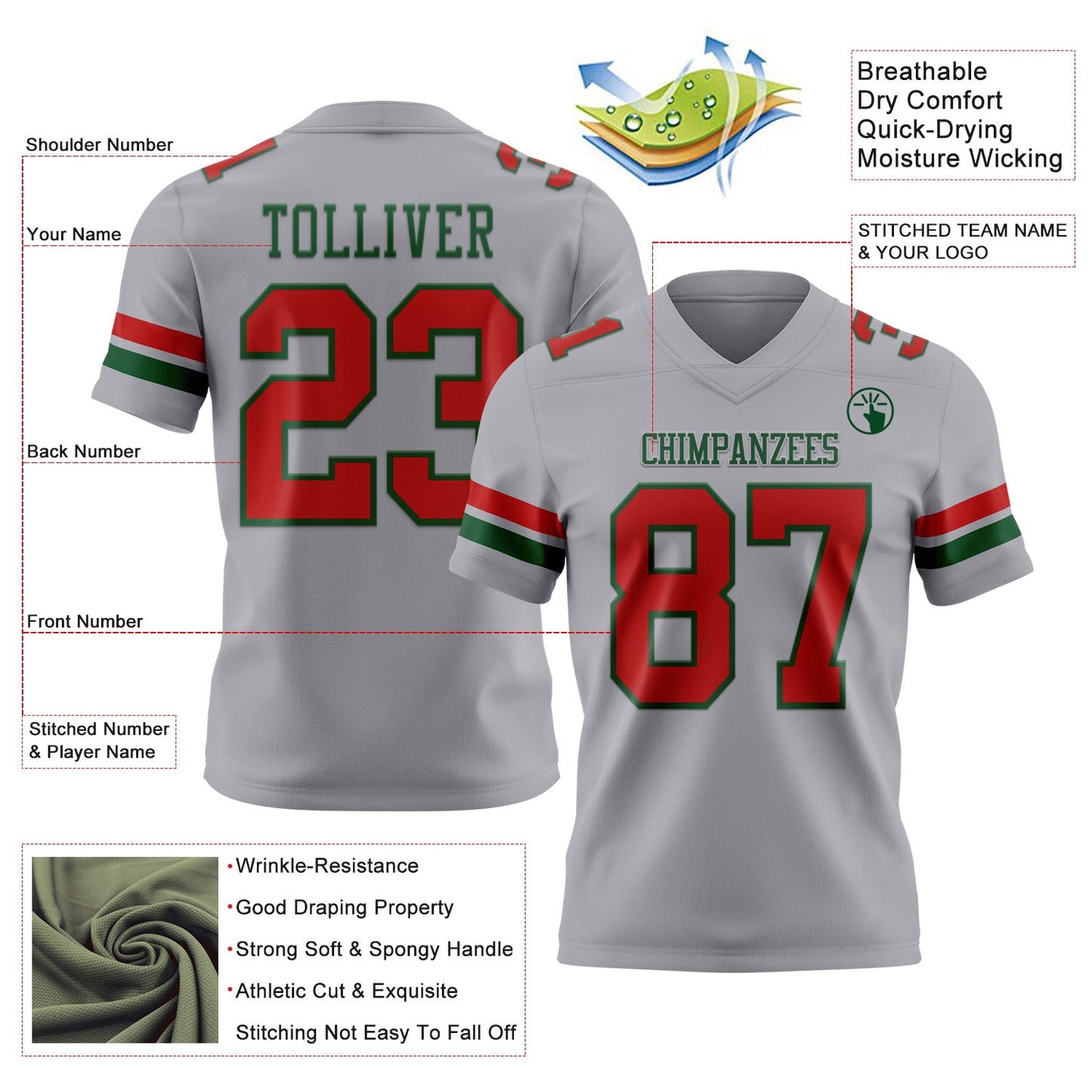 Custom Gray Red-Green Authentic Football Jersey T-Shirts, Hoodie, Sweatshirt | WearSparks.com (Image 3)