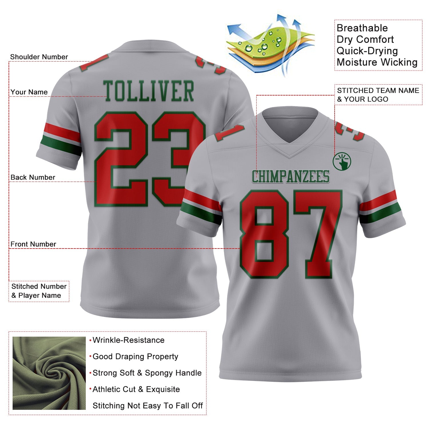 Custom Gray Red-Green Authentic Football Jersey T-Shirts, Hoodie, Sweatshirt | WearSparks.com (Image 3)