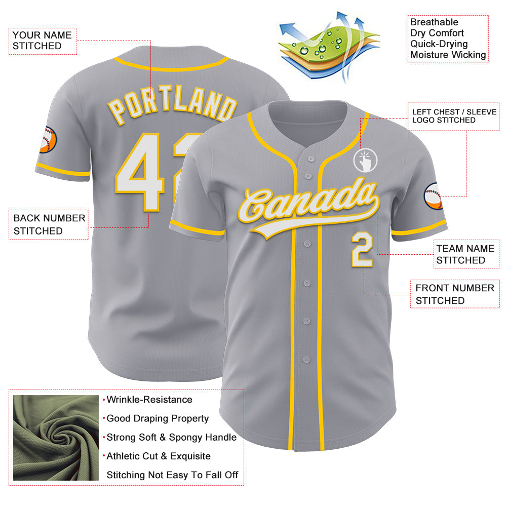 Custom Gray White-Yellow Authentic Baseball Jersey